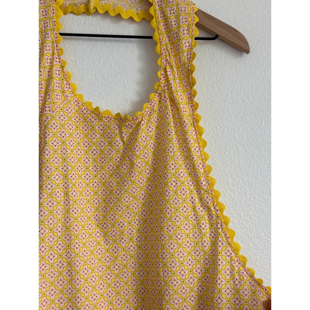 Pinafore Apron OS Yellow Pink Vintage Kitchen Cottagecore Rickrack Ruffle Pocket - Picture 4 of 5